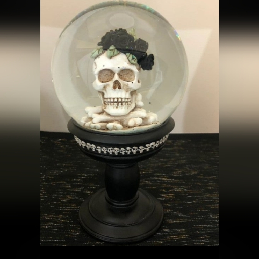Momento Mori Skull & Black Roses goth decor Santa Muerte water globe